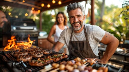 Man in chef hat smiles while cooking natural foods on barbecue grill - obrazy, fototapety, plakaty