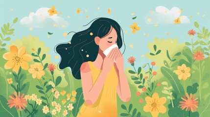 A female sneezing due to pollen allergy. - obrazy, fototapety, plakaty