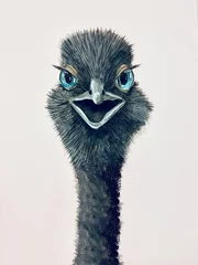 Zelfklevend Fotobehang Ostrich with blue eyes on white background Acrylic painting © Sasha
