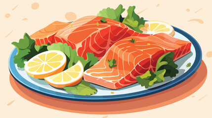 Salmon fish with slices of lemon and fresh lettuce