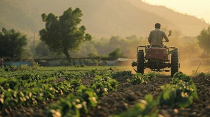 Agricultural worker driving tractor through vibrant green field of crops in the soft morning light