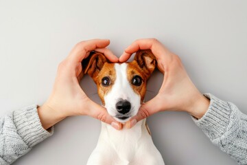 a person is making a heart shape with their hands over a dog s head - obrazy, fototapety, plakaty