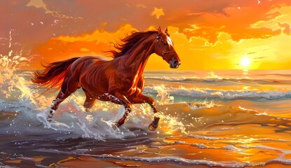 Majestic chestnut horse galloping freely on a golden beach at sunset. Vibrant, picturesque scene capturing the essence of freedom and nature's beauty. Ideal for equine-themed decor. AI - obrazy, fototapety, plakaty