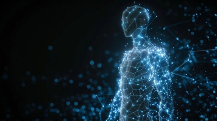 Glowing hologram of human body 3D structure with dark background. - obrazy, fototapety, plakaty