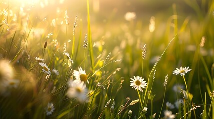 Sunlit meadow with daisies at sunrise. Serene nature background. Perfect for wellness and relaxation themes. Calming outdoor scene. AI