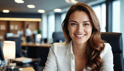 A smiling Caucasian woman, wearing a white shirt is sitting in an office setting. Happy female employee or businesswoman. 