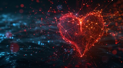 Glowing hologram of heart shape 3D structure with dark background. - obrazy, fototapety, plakaty