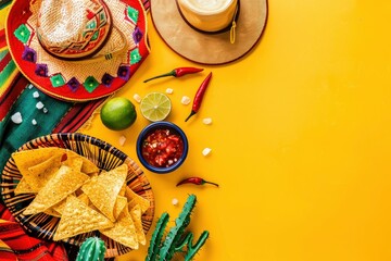 Cinco de Mayo celebration concept. Top flat lay photo of mexican sombrero colorful poncho maracas tequila shots lime chili pepper nacho chips sauce salsa on yellow background with with generative ai - obrazy, fototapety, plakaty
