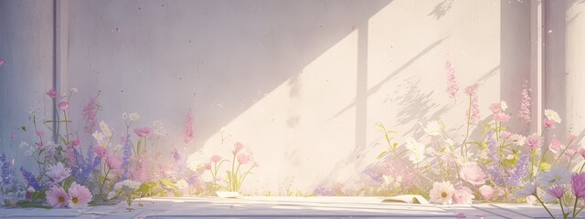 The white minimalist podium is surrounded by delicate pink and purple flowers, creating an atmosphere of springtime beauty. The sunlight shines through the window onto the wall
