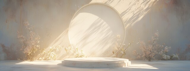 The white podium is surrounded by flowers, creating an atmosphere of spring and summer. 
