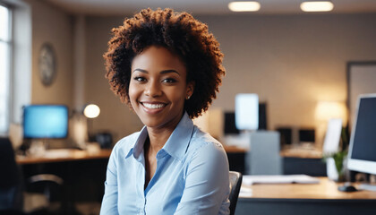 A smiling black woman with curly hair, wearing a blue shirt is sitting in an office setting. Happy female employee or businesswoman. 
