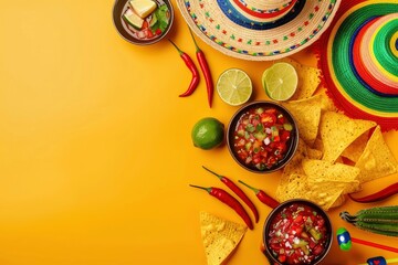 Fototapeta na wymiar Cinco de Mayo celebration concept. Top flat lay photo of mexican sombrero colorful poncho maracas tequila shots lime chili pepper nacho chips sauce salsa on yellow background with with generative ai