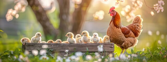 Mother hen with little chickens in rural yard. Hen guides her brood of tiny chicks in green paddock. Free range chicken on traditional poultry farm. Organic farming, back to nature concept - obrazy, fototapety, plakaty