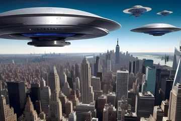 Foto op Plexiglas Alien spaceship invasion force flying over generic cityscape.  Generative AI © Barry Barnes