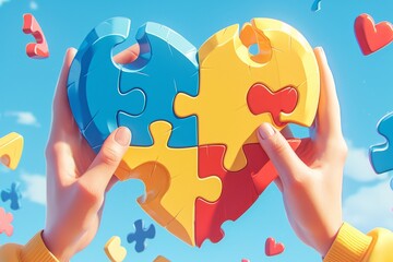Two hands holding colorful puzzle pieces shaped like a heart against a sky blue background, symbolizing love. 