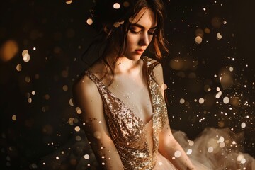 Beautiful brunette bride girl in a wedding dress with sequins. Mysterious atmosphere