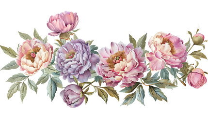 Isolated vintage-style peony bouquet: pastel pinks and purples.