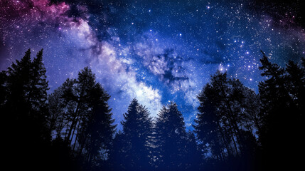 starry sky filled with numerous bright stars and the faint view of the Milky Way. Below, the silhouette of a dense forest - obrazy, fototapety, plakaty