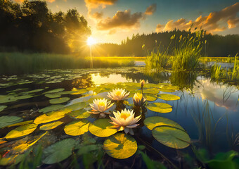Wide angle shot of tranquil and calm lake with water lilies, reeds and setting evening sun. Delightful and meditative image. - 782077188