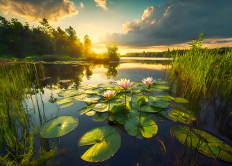 Wide angle shot of tranquil and calm lake with water lilies, reeds and setting evening sun. Delightful and meditative image. - 782077191