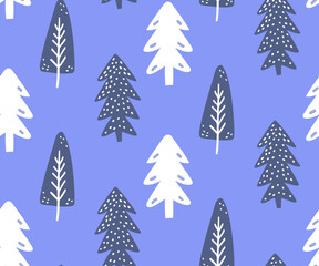 Simple blue christmas tree pattern, winter forest with pine and spruce, dark silhouettes with folk art decor elements, wrapping paper texture