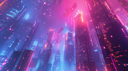 Obraz premium Futuristic neon-lit cityscape, with skyscrapers piercing through a digitalized, cyberpunk atmosphere.