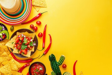 Cinco de Mayo celebration concept. Top flat lay photo of mexican sombrero colorful poncho maracas tequila shots lime chili pepper nacho chips sauce salsa on yellow background with with generative ai - obrazy, fototapety, plakaty