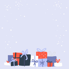 Gift boxes, blue red and white wrapping paper, decorated with bows. Falling snow template background - 782077787