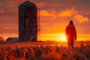 Obraz premium Dawn Stroll by a Silo in the Fiery Fields. Concept Landscape Photography, Nature Scenes, Golden Hour Lighting, Rural Setting, Silhouette Shots