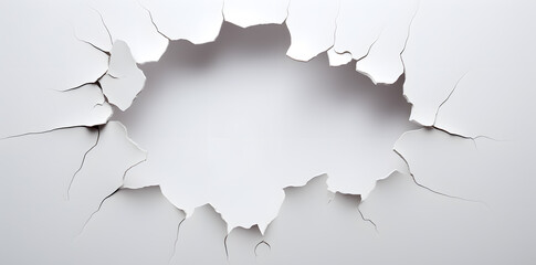 White wall with a large hole with torn edges background. Large torn hole in the center of the white background