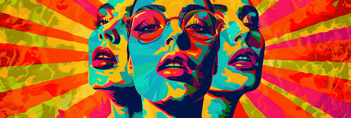 Vibrant psychedelic artwork featuring multiple overlapping faces against a backdrop of colorful rays.