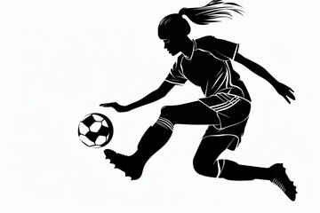 white background with silhouette of a girl kicking the ball at white background in isolated and grouped forms