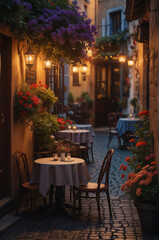Coffee Shop, Bossa Nova style, cute tables outside, cobblestone road, flowers, daytime, cinematic lighting, moody, realism