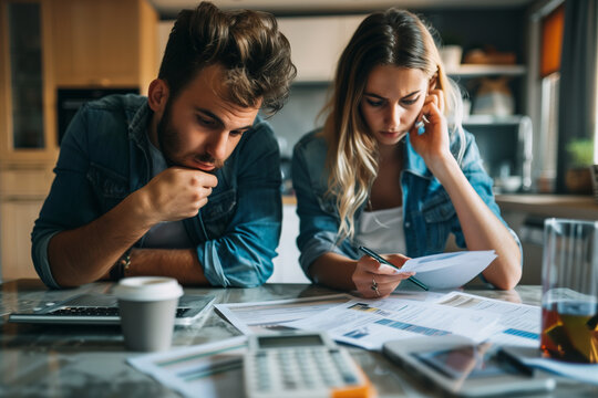 Stressed young Caucasian couple calculating monthly expenses at home. Financial, debt and accounting