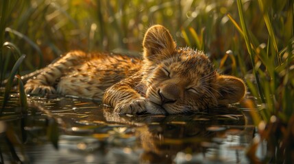 A small tiger cub sleeping in the water near some grass, AI