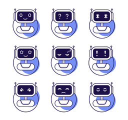 Robot emotion set. Line chatbot avatar. Chatbot character head with different feelings.  Digital assistant. Icon vector. 