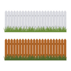 Wood Fence and Green Grass Set on White Background. Vector