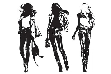 fashion models strolling in line drawings