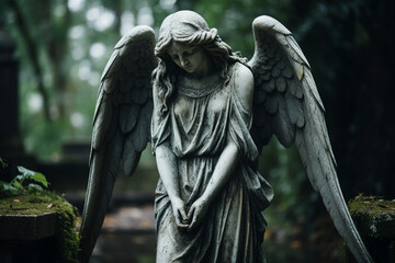 Fototapeta premium Sad bury ceremony at old cemetery church funeral farewell rest in peace Generative AI picture