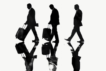 black and white image of three businessman walking and holding luggage