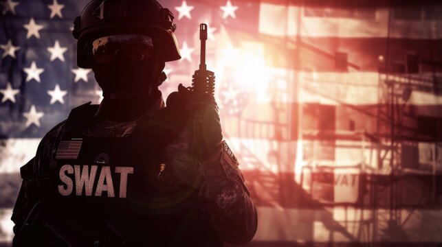 Special police force SWAT tactical team soldier with US national flag background