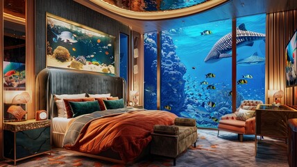 A bedroom with a large aquarium in the corner