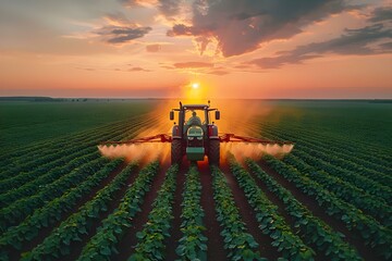 Sunset Symphony: Tractor's Dance on a Soybean Stage. Concept Soybean Harvest, Agricultural Showcase, Rural Beauty, Farm Life