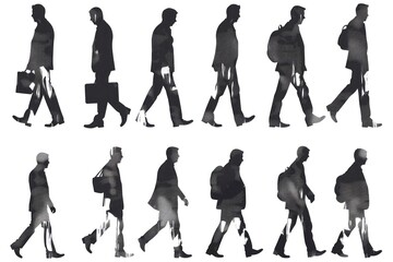 set of silhouettes and poses of businessmen going down the street
