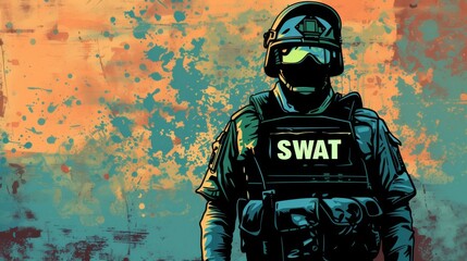 Vector illustration of special police forces SWAT team. Comic book.