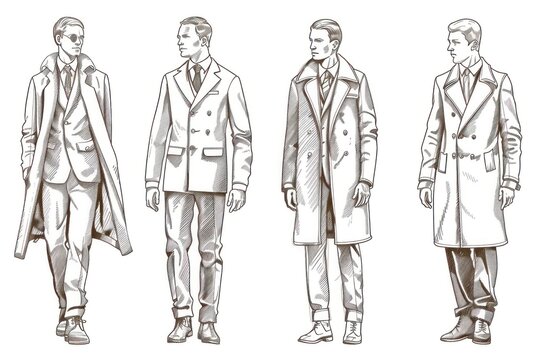 black and white outline drawing of mens fashion