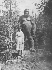 Naklejka premium Old vintage aged mystery photograph of a lady standing with a giant bigfoot cryptid sasquatch creature in the forest