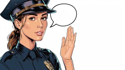 Vector illustration of female police officer with hand gesture. Comic book.