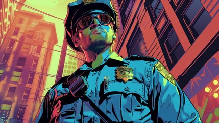 Vector illustration of police officer patrolling street. Comic book.