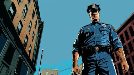 Vector illustration of police officer patrolling street. Comic book.